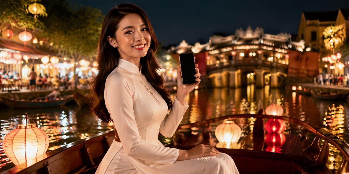 Phụ nữ mặc áo dài tại Hội An đăng ký tài khoản nhận bonus trực tuyến